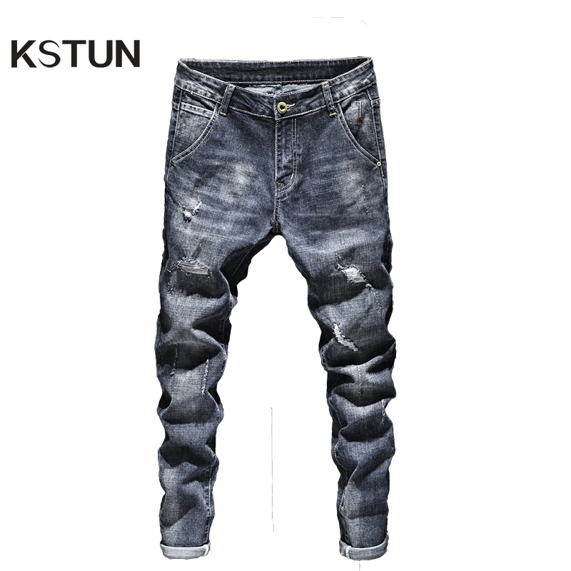 

Biker Jeans Men Dark Blue Stretch Slim Fit Ripped Distressed Streetwear Denim Pants Casual Retro Man Trousers Hiphop Jean Homme