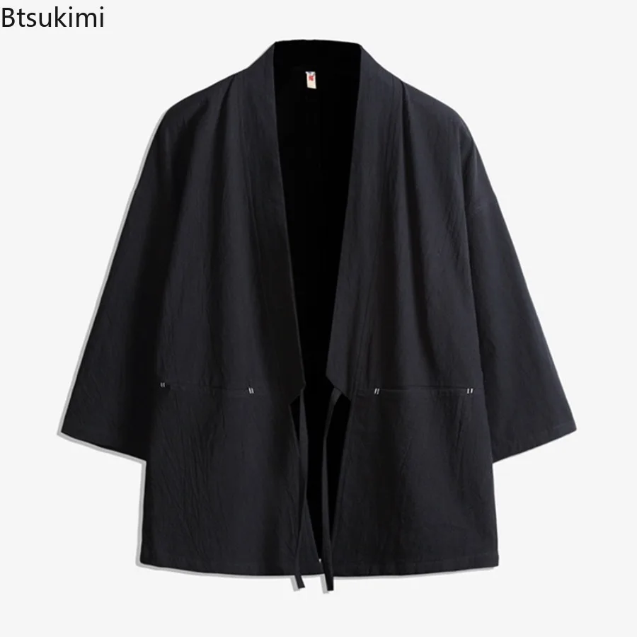 New Men's Vintage Chinese Embroidery Open Cardigan Male 3/4 Sleeve Tie Waist Cloak Japanese Thin Loose Windbreaker Outer Coats