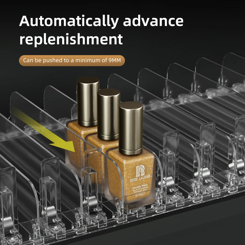 

Lipstick Perfume E-cigarettes Storage Rack Automatic Replenishment Device With Adjustable Width In Supermarket Beauty Shop