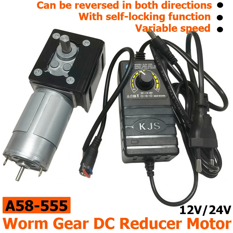 A58-555 Turbine Worm Micro Permanent Magnet DC Speed Reducer Motor 12V 24V High Torque with Adjustable Power Supply, Bracket