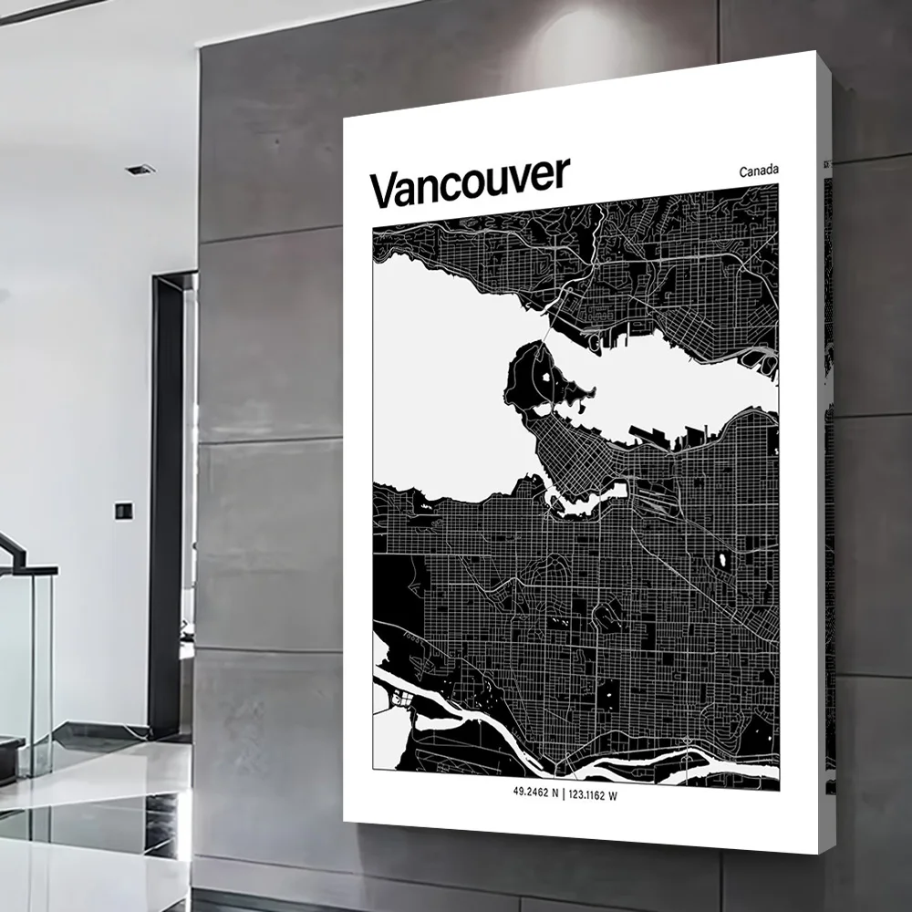 Vancouver Black and White Map Poster Customizable Printed Canvas Painting for Pictures Wall Art Room Decorating Interior Mural