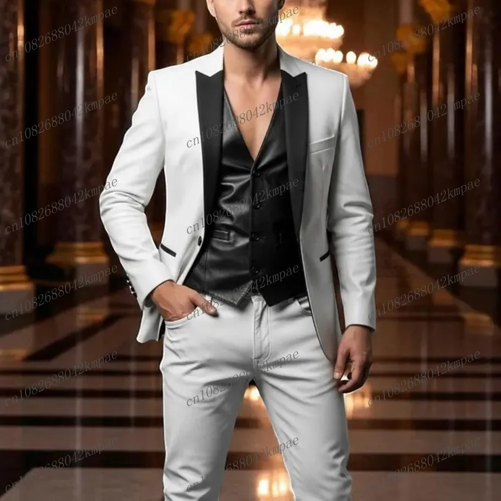 

Бело-черный кожаный мужской костюм для официальных мероприятий, свадеб, выпускных, деловых встреч, 3 предмета: пиджак, жилет, брюки