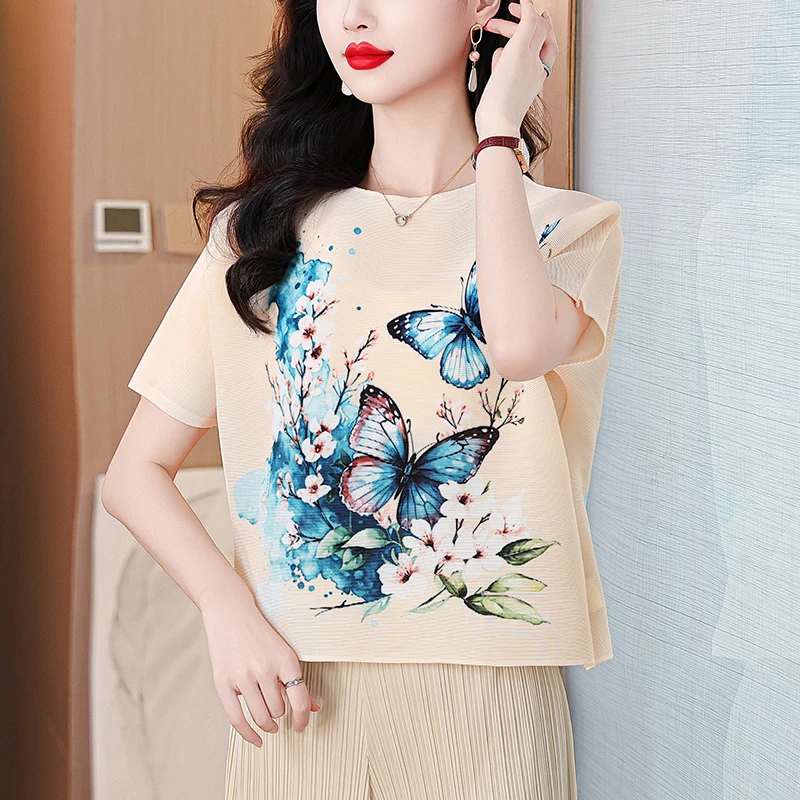 Classical Ink Printing Crew Neck T-shirt Top Women's Summer Temperament Loose Large Size Casual Versatile Bat Sleeve