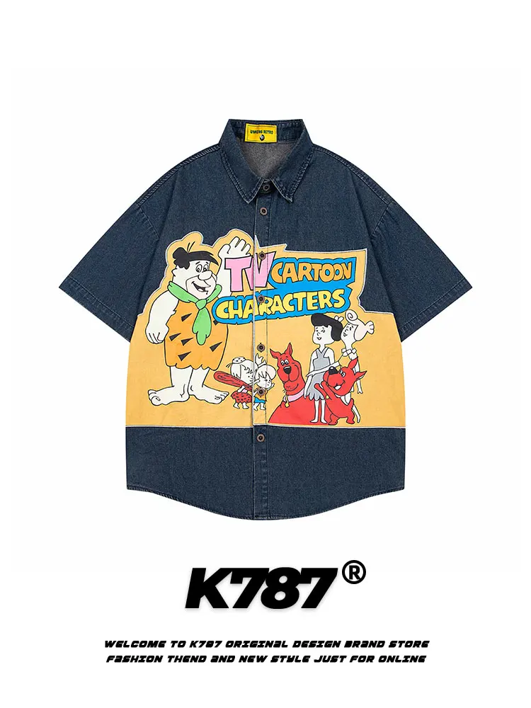 

K787 American Street Fun Wild Dog Men's ort Sve Loose Jeans irt Youth Summer Faion Casual Cotton irt with Print