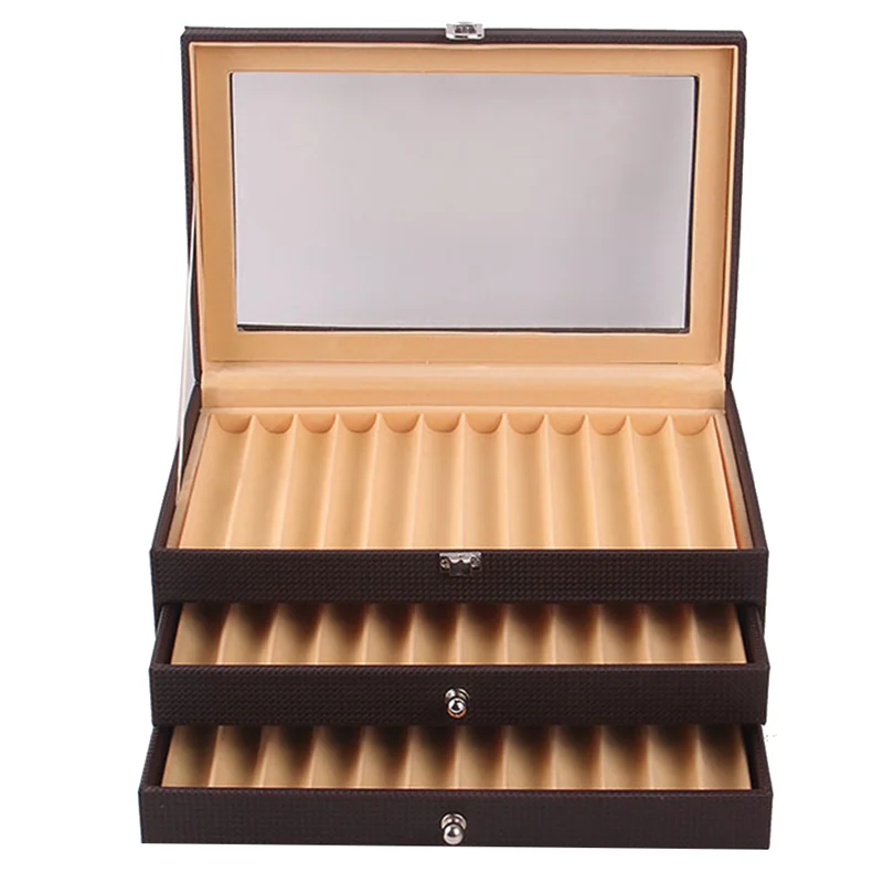 ABQR 36 Slots Wooden Pen Display Storage Box Luxury 3 Layer PU Pen Case Glass Window Fountain Case Pen-Collection Organizer 4