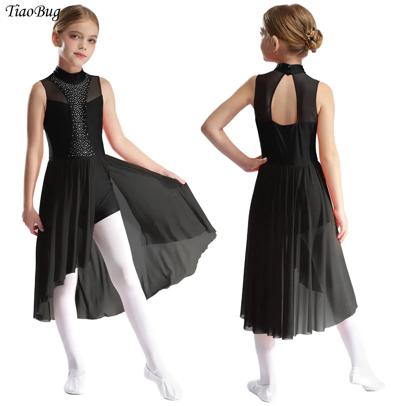 Kids Girls Figure Ice Skating Dress Lyrical Dance Costume Sleeveless Shiny Rhinestone Halter Mock Neck Side Split Leotard Dress