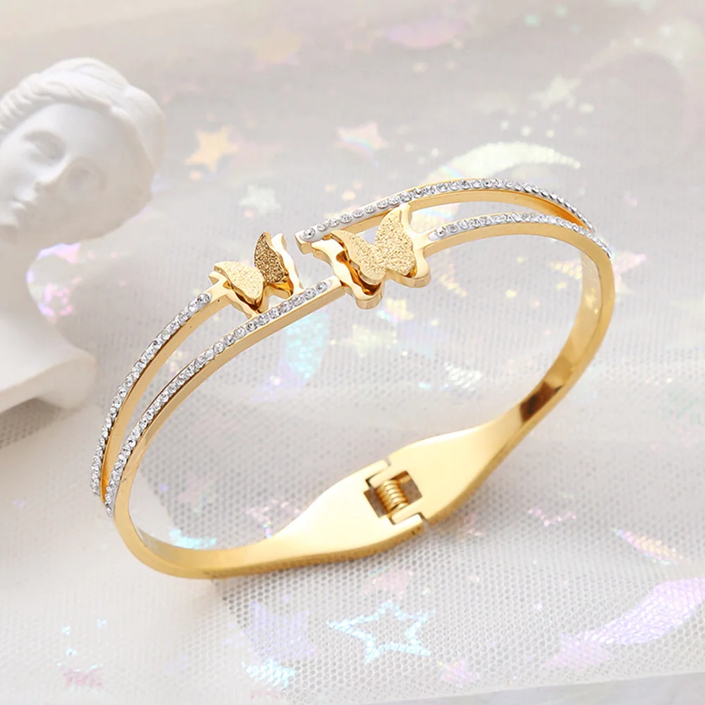 Luxury Crystal Butterfly Bracelet, Silver Gold Plated Women\'s Bracelet White, Double Layer Zircon Spring Bracelet, Girls Gift