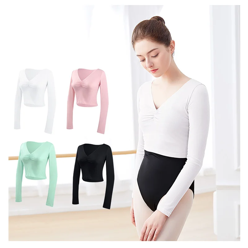 Ballet superior mulher ballet malha topos v pescoço manga longa camisetas de dança adultos dança formação trajes