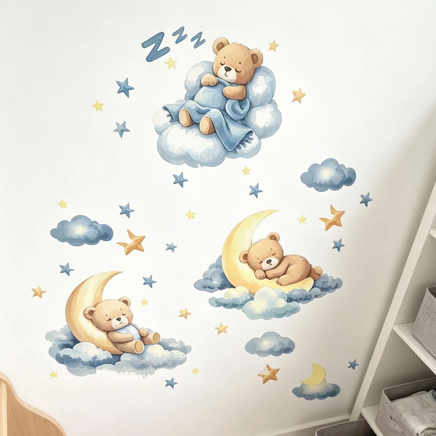 Watercolor Sleeping Teddy Bear Wall Stickers Moon Cloud Stars Zzz Wall Decals Removable Boys Nursery Bedroom Decor