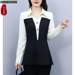 L-5XL Loose Clothes 2023 Women Autumn Elegant Button Basic Shirts Retro Patchwork Black Work Ruffles Peplum Tops And Blouses