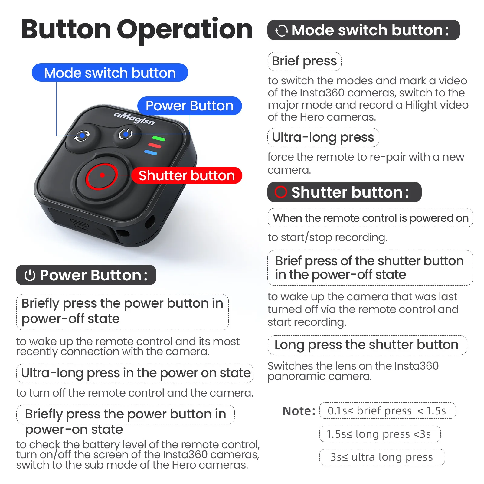 AMagisn Bluetooth-Auslöser für Action-Kameras, 50m Reichweite & 96 Stunden Akkulaufzeit, Fernbedienung für GoPro Insta360 Zubehör – Detail 14