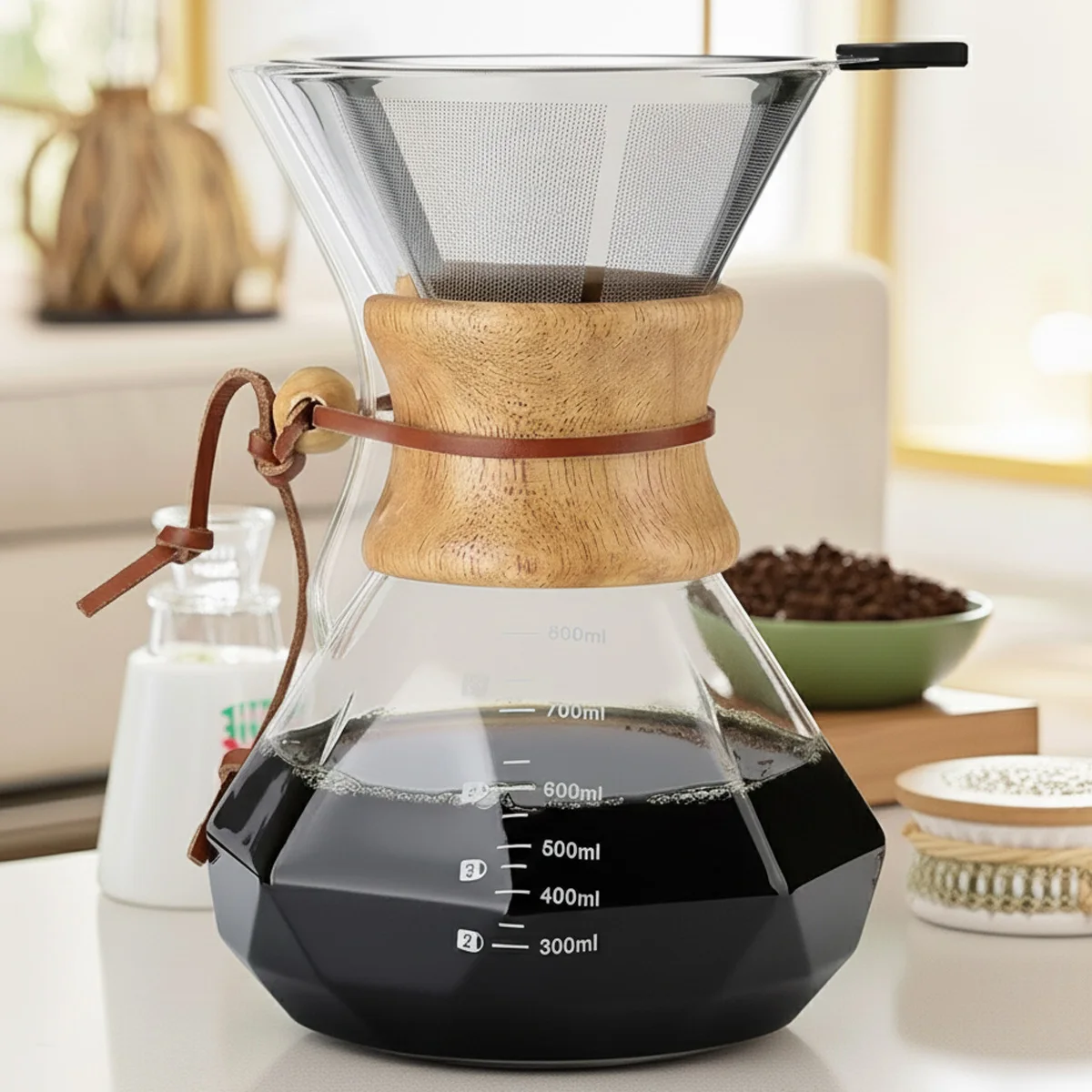 400/600/800ml Pour-Over Glass Coffeemaker with Reusable Stainless Steel Filter, Borosilicate Glass Coffee Carafe, Wooden Collar