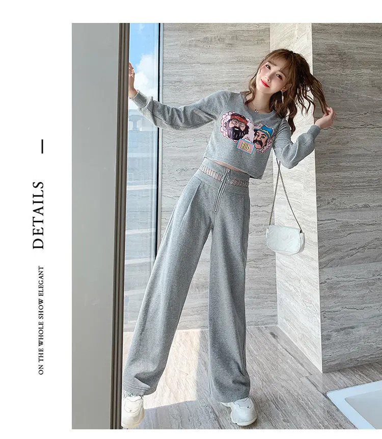 2023 New Casual Sports Suits Women Spring Autumn Fashion Women Set Thin Wide-leg Pants + Short Tops Long-sleeved Two-piece Suit