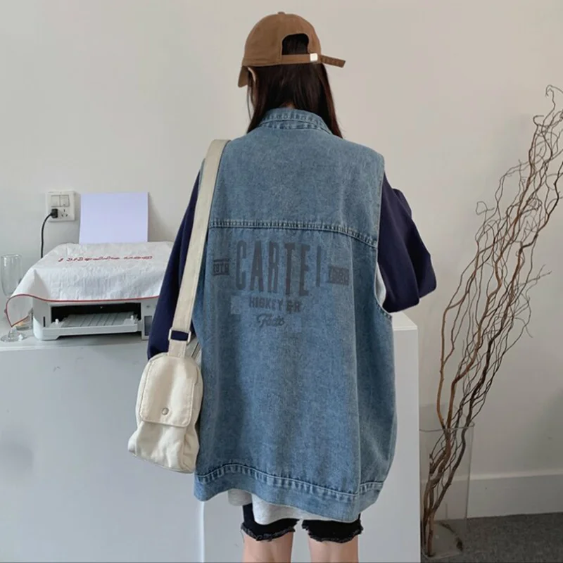 Printed Letters Denim Waistcoat for Women, Sleeveless Vest, Korean Coat, Loose Students Outside the Lap, Spring and Summer, New