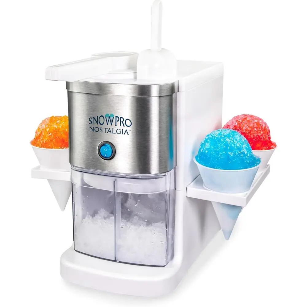 

Pro Electric Shaved Ice & Cone Maker 64-Ounce Ice Shaving acity, 4 Reusable Cones, Side Shelves, and Scoop Included