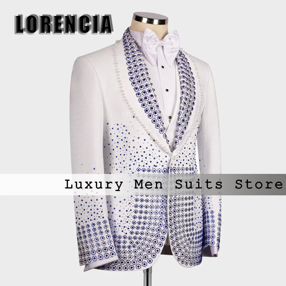 Stunning Crystals Beaded Men Suits Glitter Shawl Lapel Groom Tuxedos 3 Pieces Sets Male Prom Customized Blazers Slim Wedding