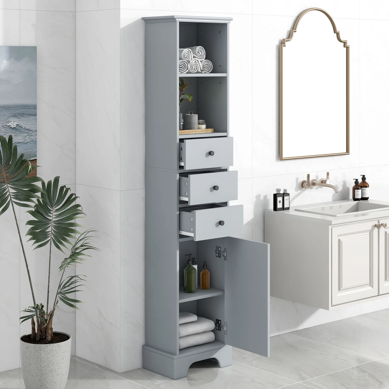 Mueble de baño alto gris, mueble de almacenamiento independiente con 3 cajones y estante ajustable, tablero de MDF con acabado pintado