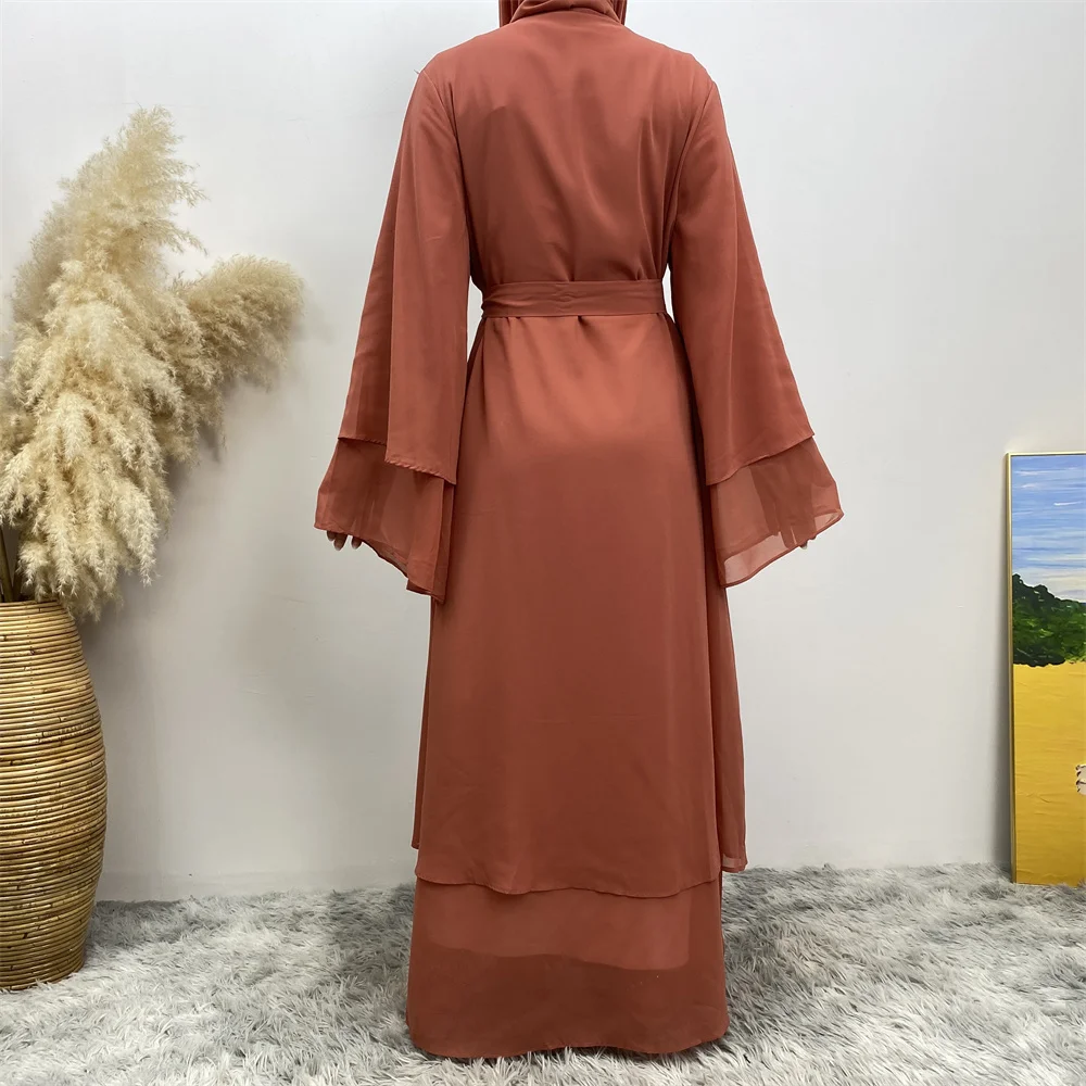 Fashion Chiffon Djellaba Muslim Dress Dubai Full Length Flare Sleeve With Scarf Abaya Islamic Dresses Turkey Muslim Islam Robe