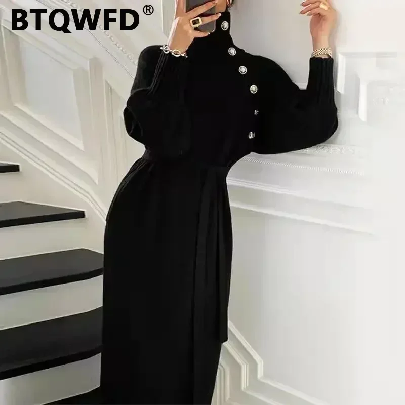 

BTQWFD Sweaters Dresses Women's Turtleneck Korean Fashion Knitted Female Clothing Long Sleeves Streetwear 2024 New Autumn Winter