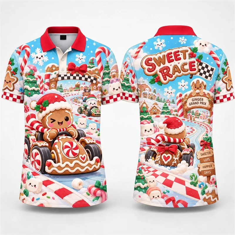 Men North Pole Racing Team Santa Sleigh Print Polo Shirt Short Sleeve Tops Snow Mountain Checkered Flag Xmas Sport polo For Men