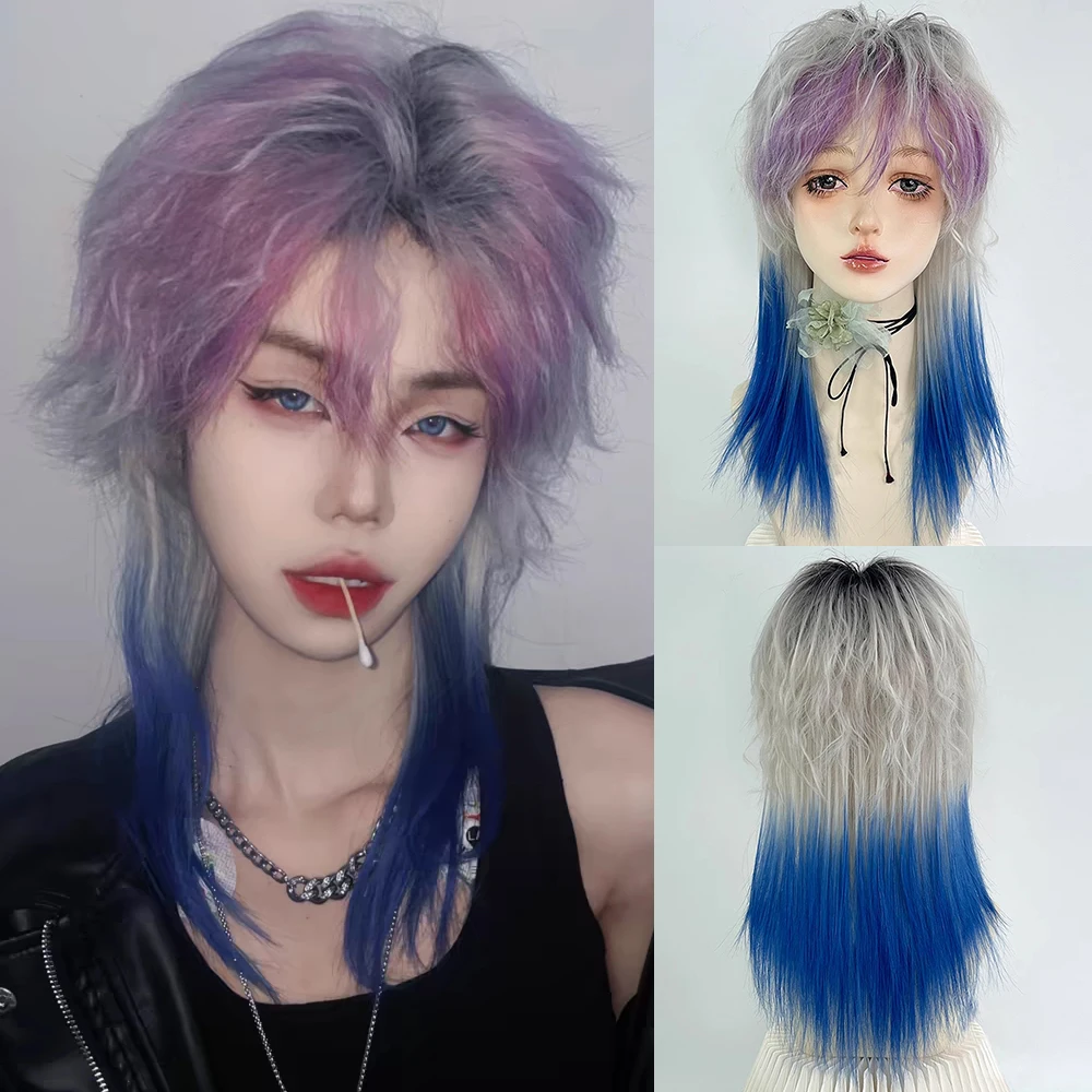 

Ombre Grey Purple Blue Mullet Head Wig Short Synthetic Curly Straight Fluffy Women Hair Wig for Cosplay Daily Party