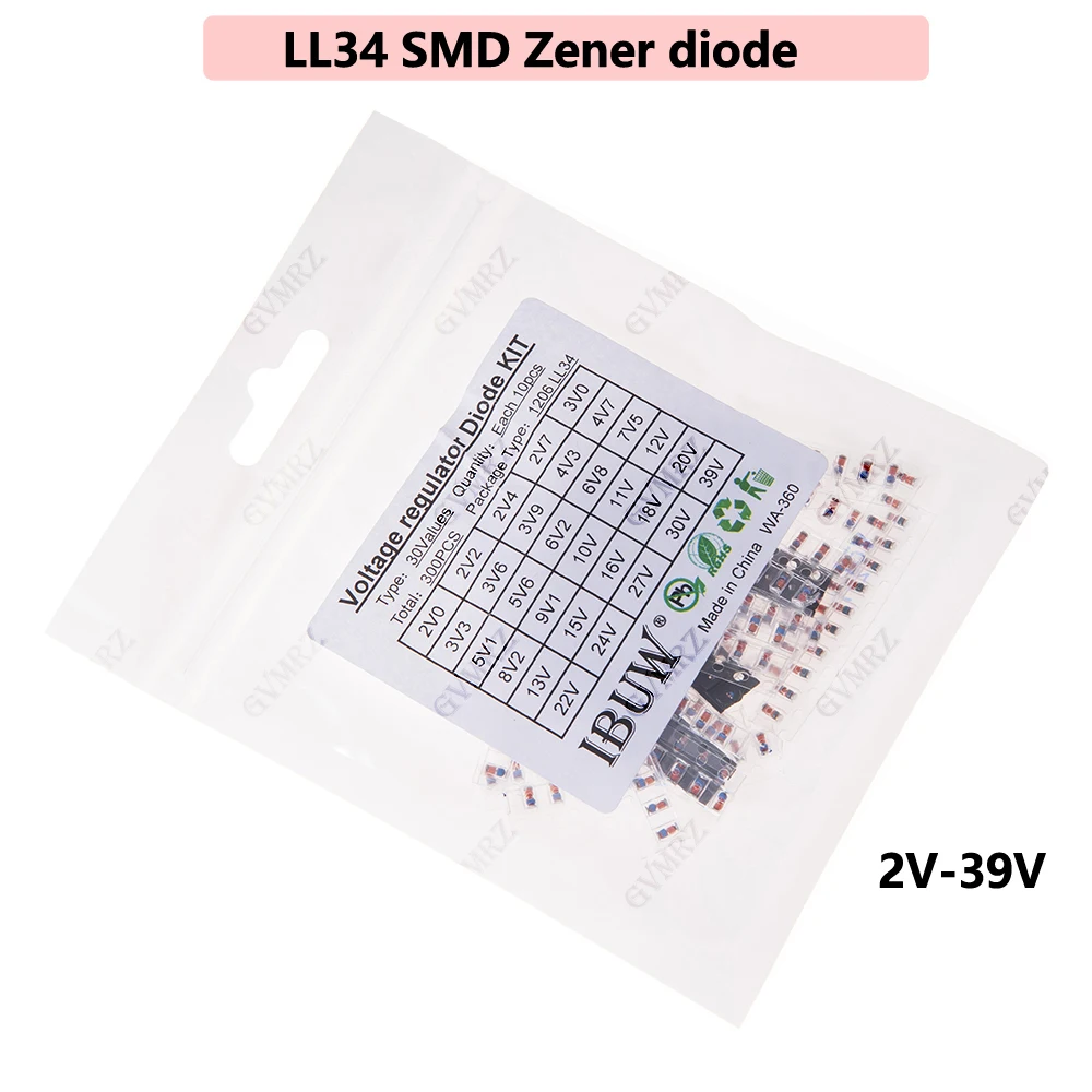 30values 300pcs LL34 SMD Zener diode package Assorted Kit 1/2W 2v-39v 2V0 2V2 2V4 2V7 3V0 3V3 3V6 3V9 27V 24V