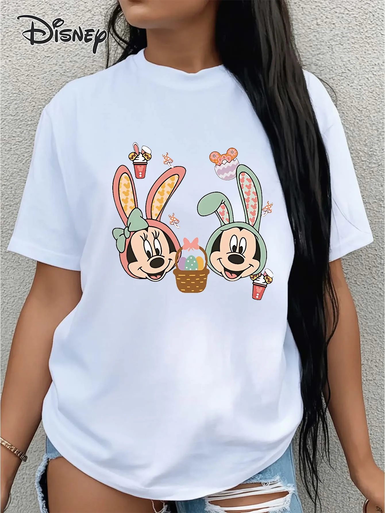 Disney Mickey und Minnie Damen-T-Shirt mit lockerem Rundhalsausschnitt, schlichtes Design, bequem und atmungsaktiv