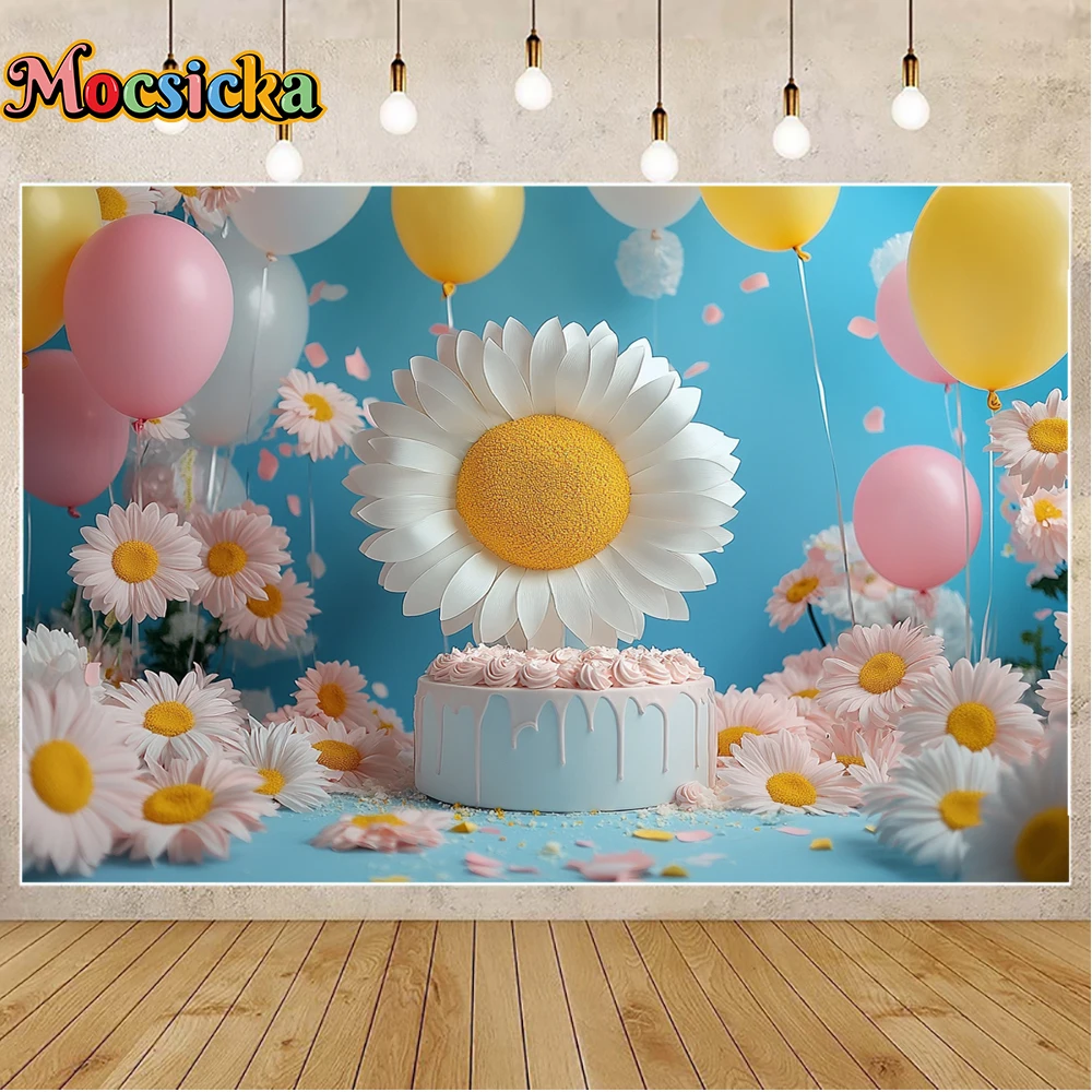 Mocsicka بالون التصوير خلفية أبيض أصفر الإقحوانات الأزرق خمر كعكة سحق الجمالية الأزهار موضوع استوديو ديكور الحفلات