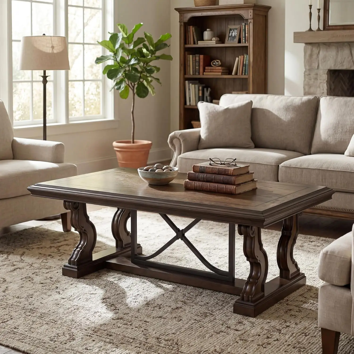 Classic Coffee Table with Trestle Base, Dark Brown, Customized
