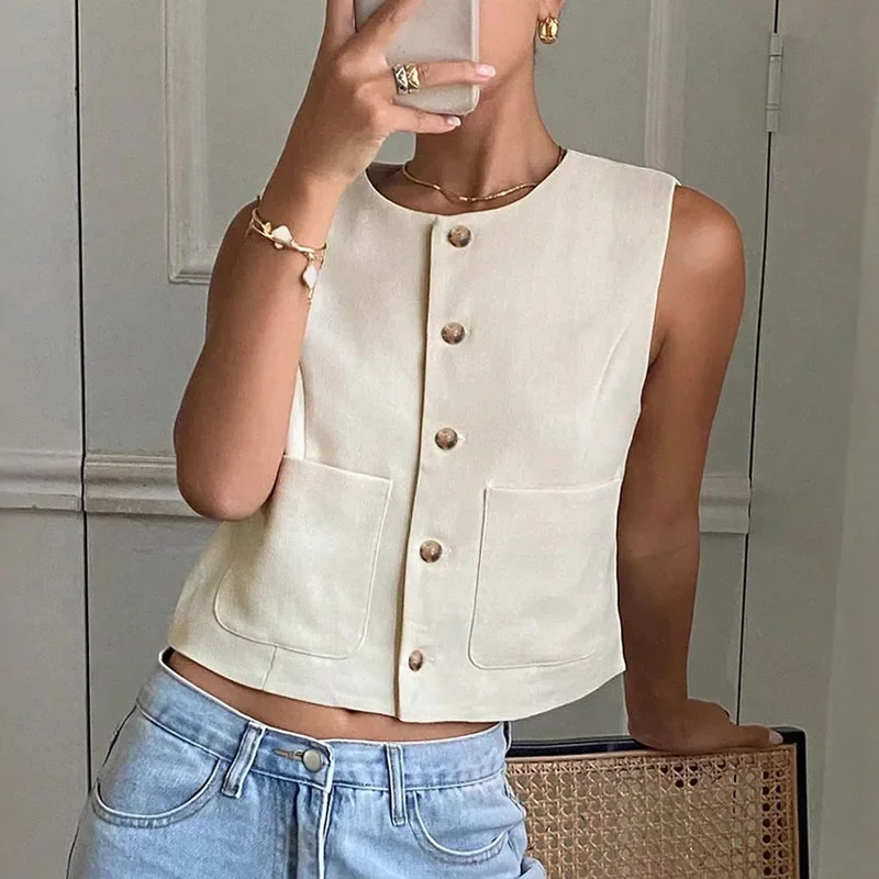 

Women Sleeveless Button Vests Solid Color Female Single-breasted Tops Lady Elegant O-neck Waistcoat Summer Casual Clothing