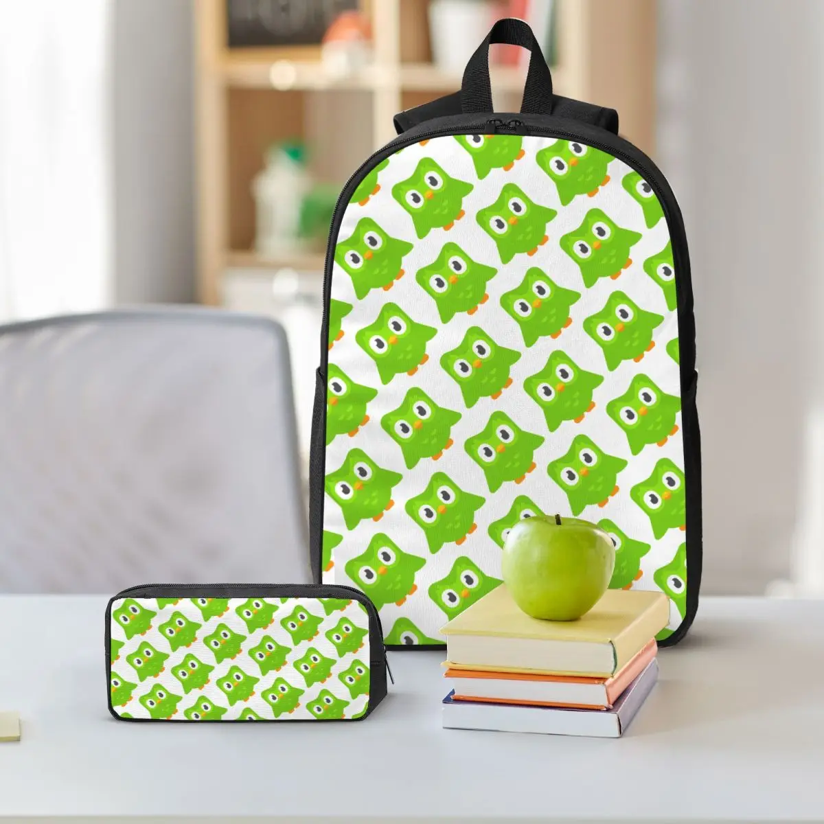 Duolingo البومة الثنائي على ظهره طالب بنين بنات BookBag حقيبة مدرسية كمبيوتر محمول حقائب كتف 3ps معزول حقيبة الغداء مقلمة