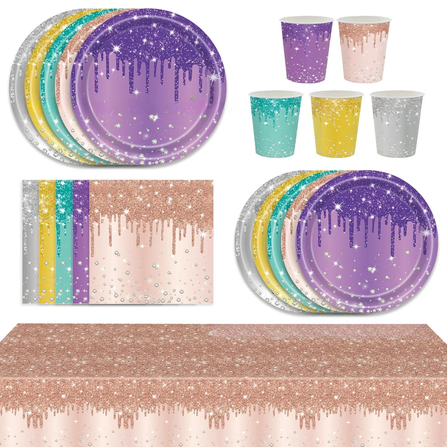 20 Stück farbige Diamant vergoldet Roségold Lila Gold Party Geburtstag Einweg Mahlzeit Pappbecher Taschentuch Partyzubehör Set