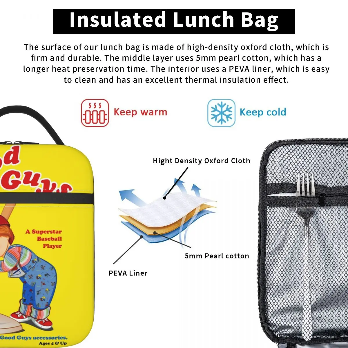 Good Guys Baseball Player Resuable Lunch Boxes Leakproof Child\'s Play Chucky Thermal Cooler Food Insulated Lunch Bag Kids School