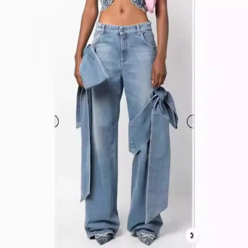 Celana Jeans Lurus Pinggang Tinggi Tali Sambungan Rasa Desain Baru Musim Semi 2024 Celana Panjang Kasual Wanita Retro Street Washed