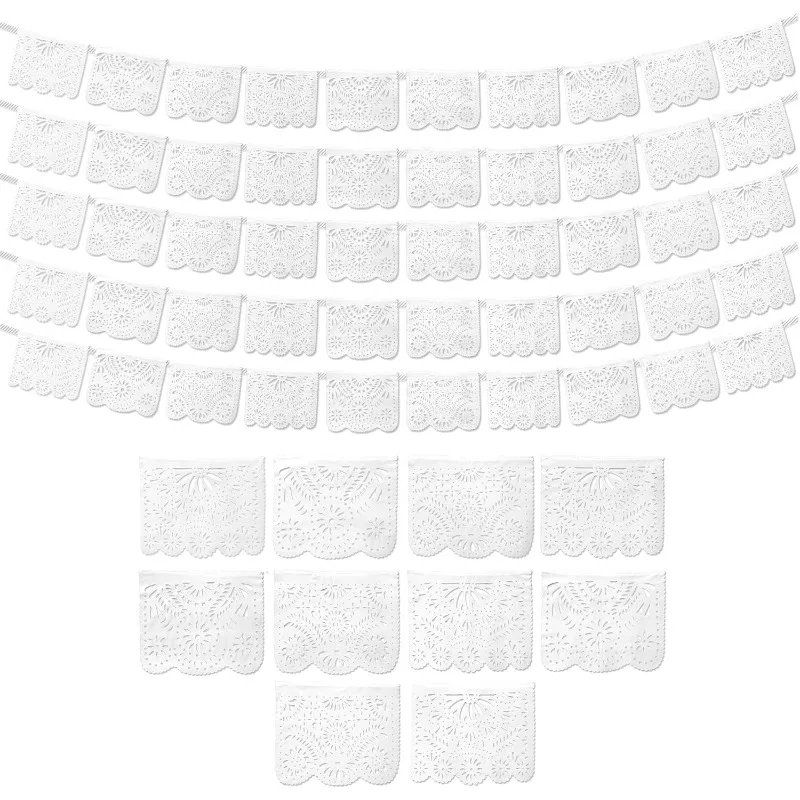 White Papel Picado Carved Hanging Banner Backdrop for White Weddings Birthday Carnival Mexican Themed Party Decoracione Supplies