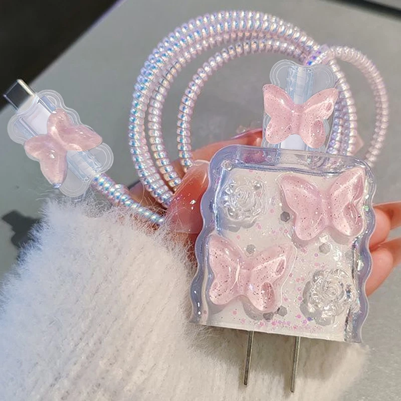 

For iphone 18W/20W Pink Resin Butterfly Phone Charger Case Cable Winder Set Charger Adapter Anti Scratch Protector Cover