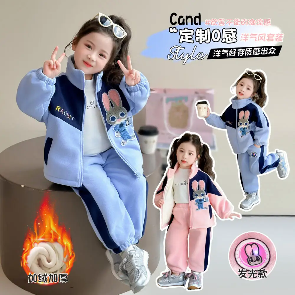 

Бархатный утепленный костюм Disney Judy Hopps Bunny Cop Plus для девочек, осень-зима 2026, новый детский свитшот, куртка, брюки, спортивный комплект