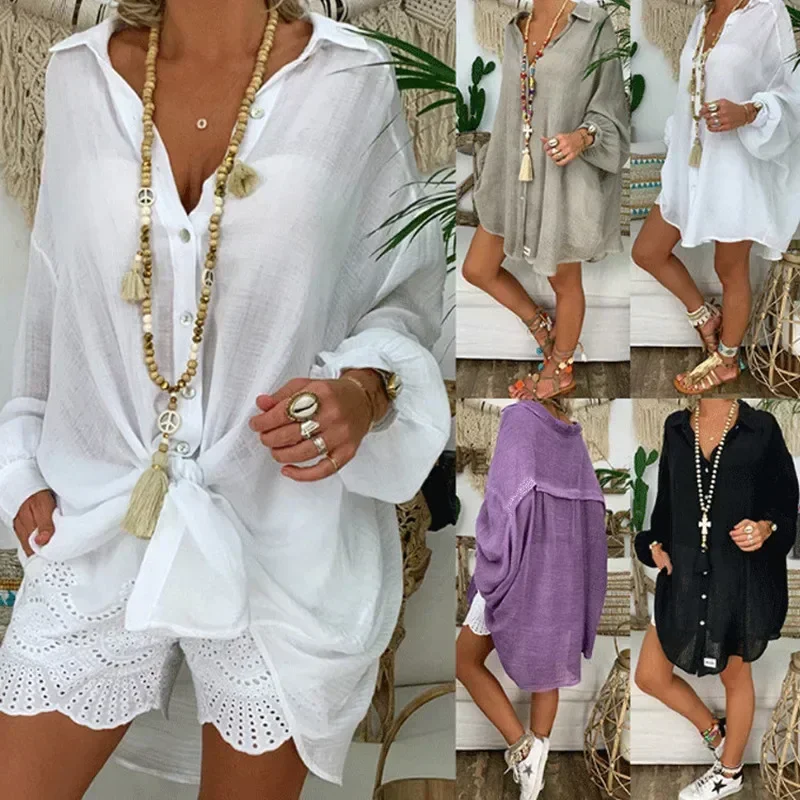 

Womans Vintage Button Down Shirt Loose Casual Long Sleeve Blouse Summer Linen Cottons Female Soid Tops Plus Size Long Section