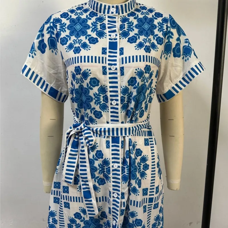 2025 Wzór Nadruk Retro Bohemian Sukienka Letnia Casualowa Sznurowana Koszula Biurowa Sukienka Elegancka Sukienka Damska z Krótkim Rękawem V Neck