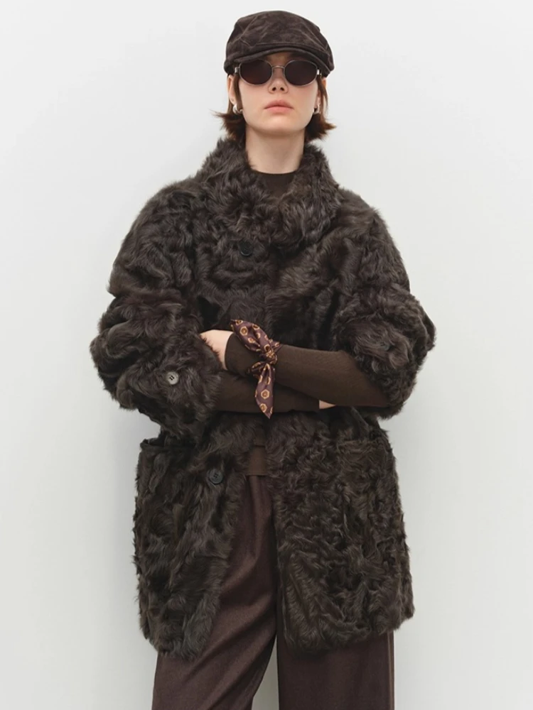 الراقية الفاخرة فرو الضأن الطبيعي شيرلينغ الستر للنساء بسيطة الوقوف طوق منتصف طول الشتاء جلد طبيعي معطف الفرو الحقيقي #1