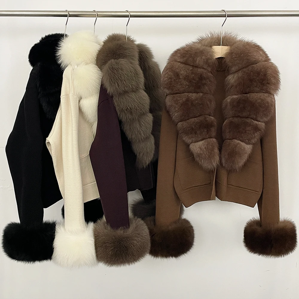 Knitwear Women's Sweater Pulls Femmes Knitting Jacket with Fur Collar Women's Long Sleeve Top Knitted Cardigan Short Sweater