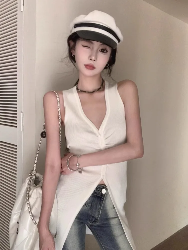 GUUZYUVIZ Elegant Folds V-neck Knitted Vest Knitwear Summer White Slim Sleeveless Split Tank Cropped Tops Female Clothes