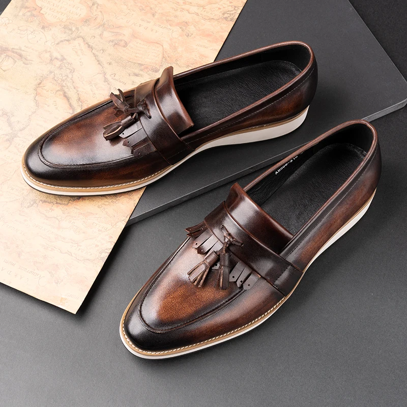 Fashion Men Loafers Leather Shoes One Step Slip-on Comfortable Office Street New In Footwear For Male Italian Style EVA Outsole