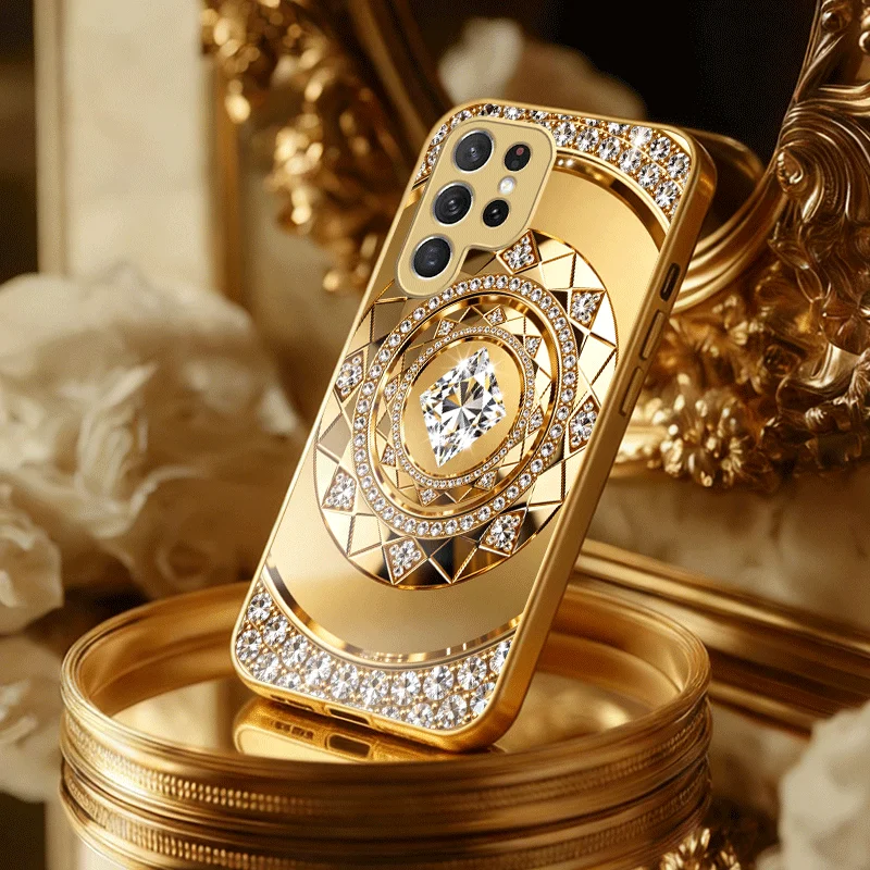 Golden Ring Diamond Electroplated Glass TPU PhoneCase for Samsung Galaxy S26 S25 S24 S23 S22 S21 FE,Ultra,Plus Dropresistant