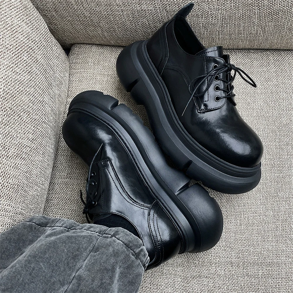 Men 7cm Height Increasing Derby Shoes Retro Style Thick Soled Lace Up Casual Leather Shoes Black Round Toe Leather Shoes