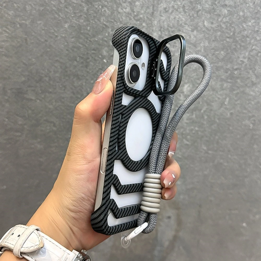 For iPhone 16 Pro Max Case Frameless Magnetic Carbon Fiber Texture, Slim Lens Stand Compatible with iPhone 15 14 13 12 view 2