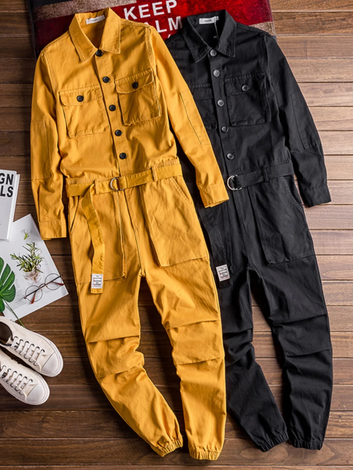 

Men's Workwear Jumpsuit Set Bar Dance Performance Suit Bla Trousers Footed One-Piece Youthful Energy Sle Flat Weave Cloth