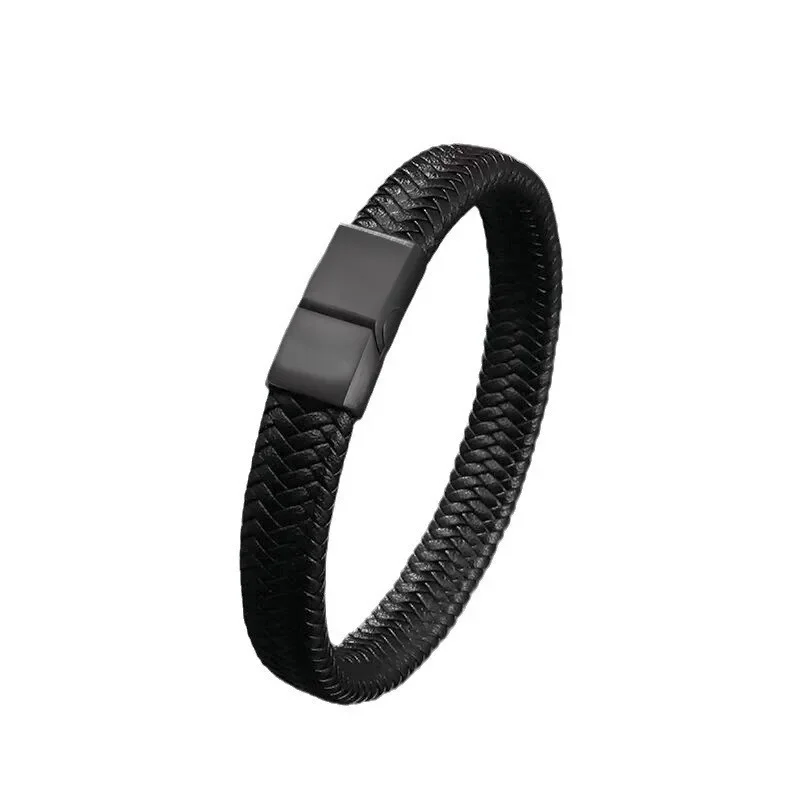 Men's Classic Black Weaving Leather Magnetic Wristband Bracelet