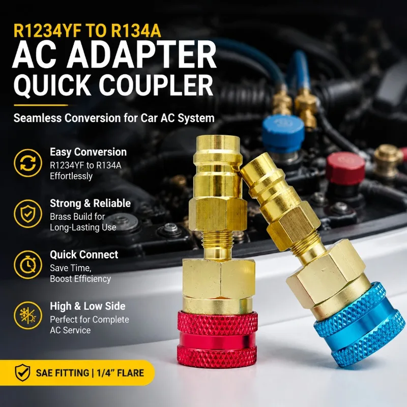 R1234YF to R134A High Low Side Adapter Quick Coupler Connector Conversion Kit 1/4 Flares Brass SAE Fitting for Car AC System