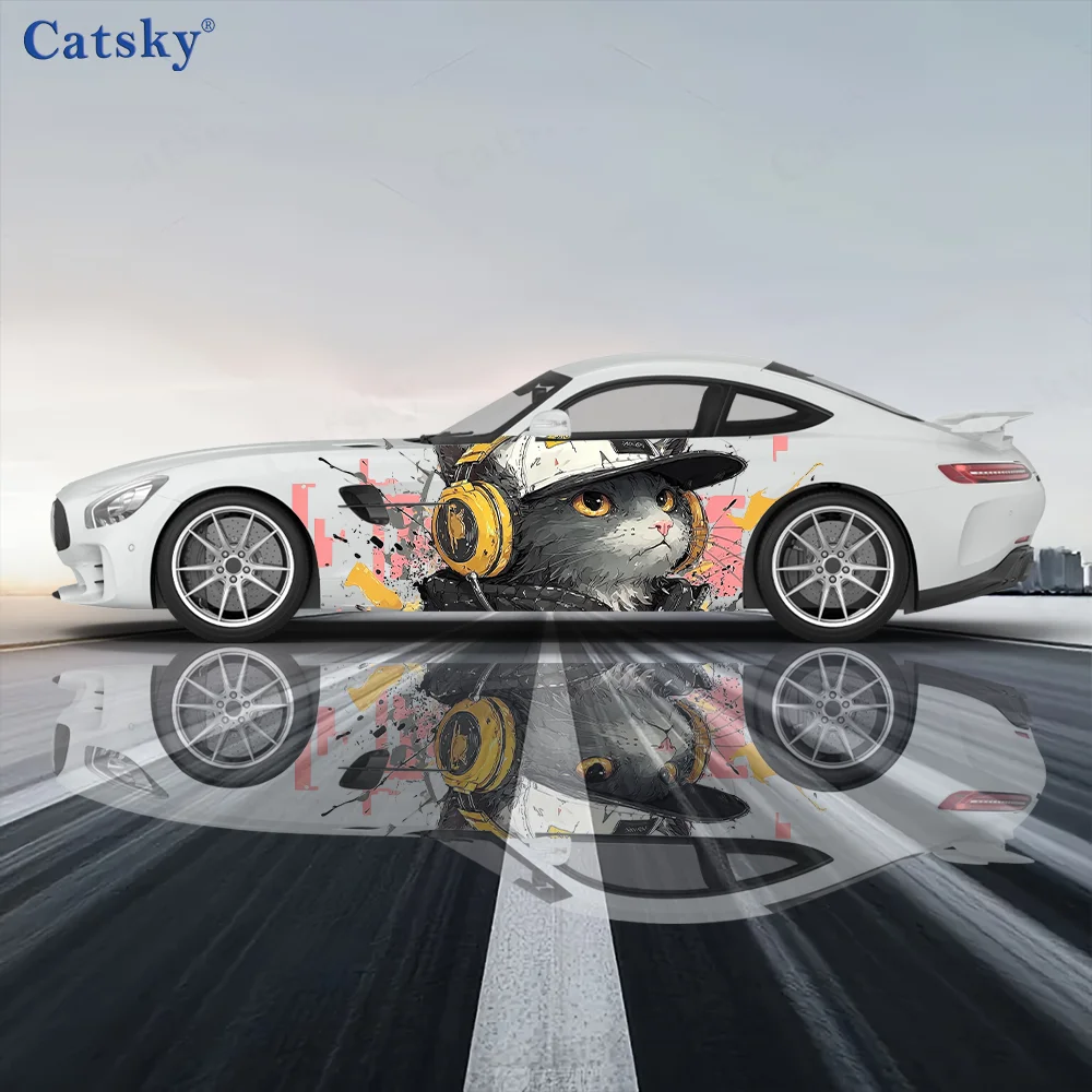 

Cat Duckbill Cap Headphones Car Vinyl Wraps Decal Self-adhesive PVC Sticker Suitable for Trucks SUV Decor Auto Accessories Gift